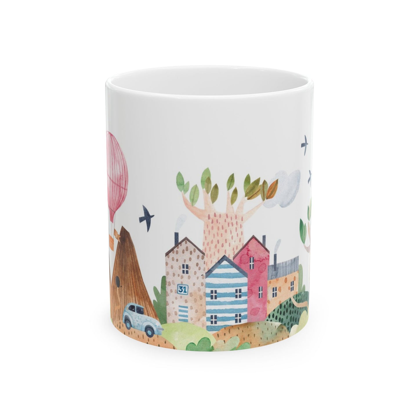 Mug with Green Hills and Aeroplanes Design