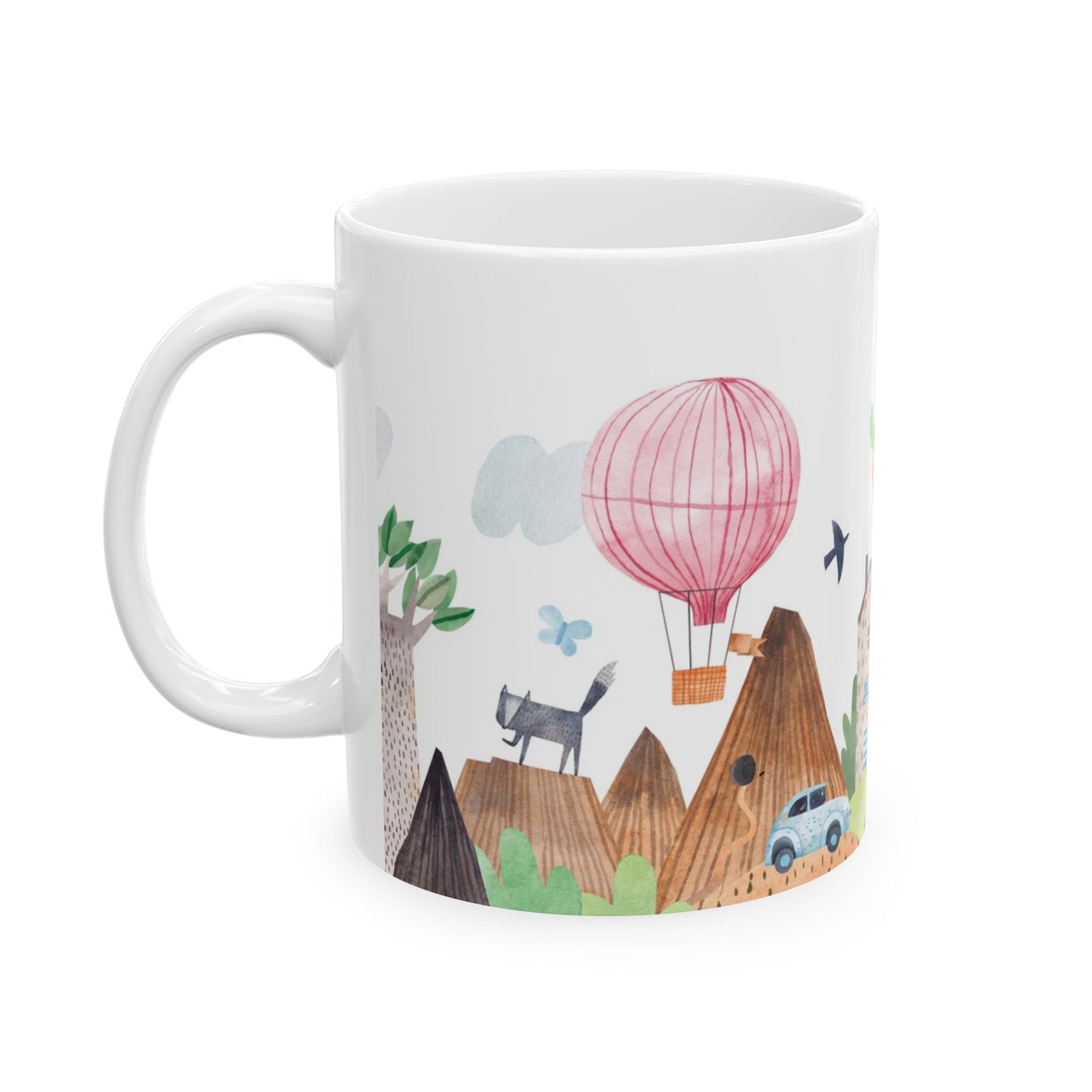 Mug with Green Hills and Aeroplanes Design