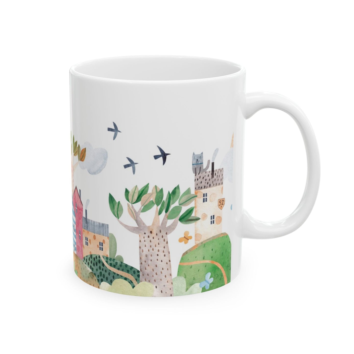 Mug with Green Hills and Aeroplanes Design